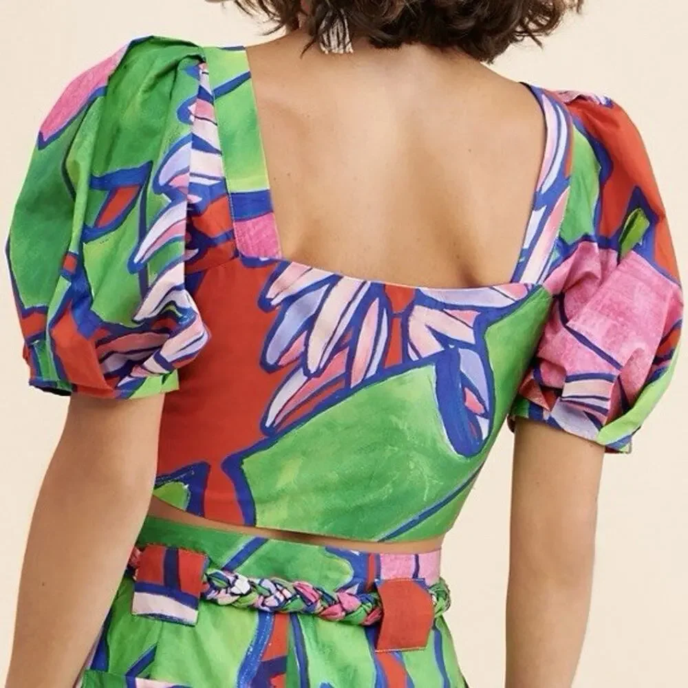 Farm Rio Tropical Bunch Puff Sleeve Top Womens XS Multicolored Buttons